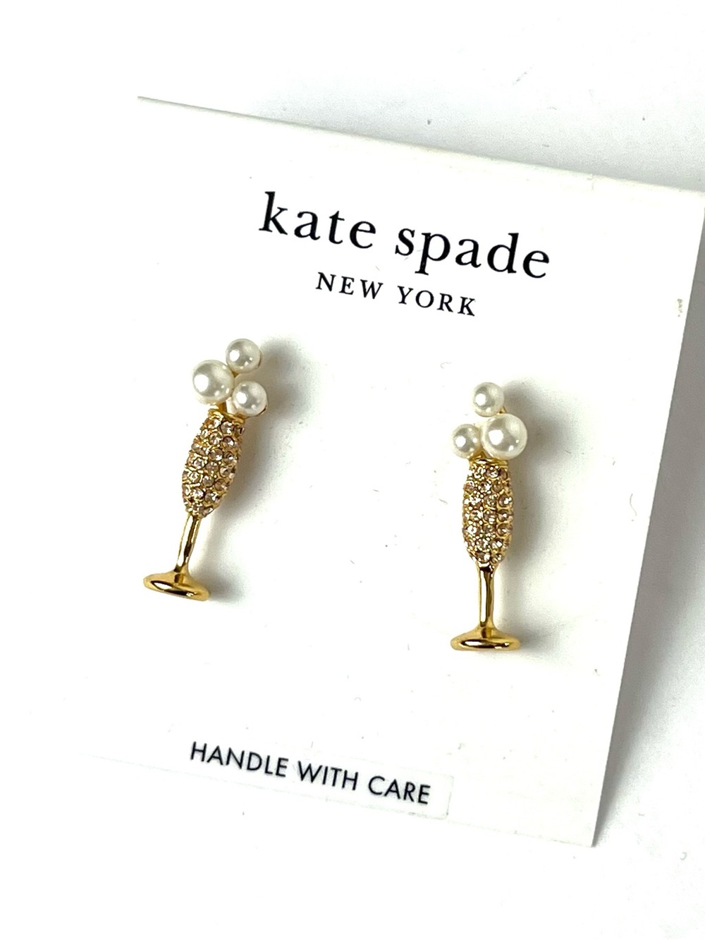 Kate Spade New Cheers To That Champagne Gold Stud Earrings Pearls Heart Backs